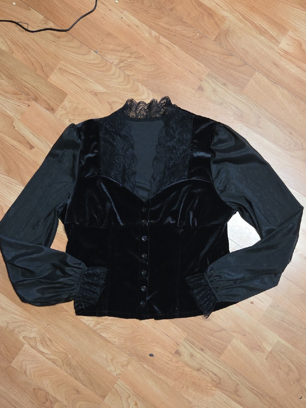 Black Velvet Lace-Trim Blouse